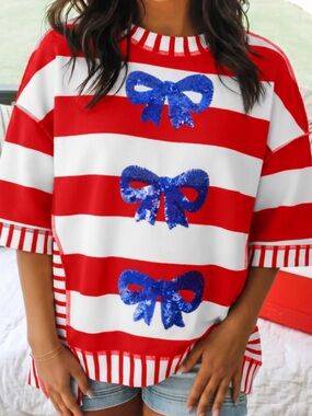 Hazel Mae Red & White Striped Blue Bow-Accent Top
